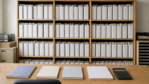 決算変更届（事業年度終了報告）｜年度ごとのファイルが並ぶ書類棚と、決算書・電卓が置かれた机