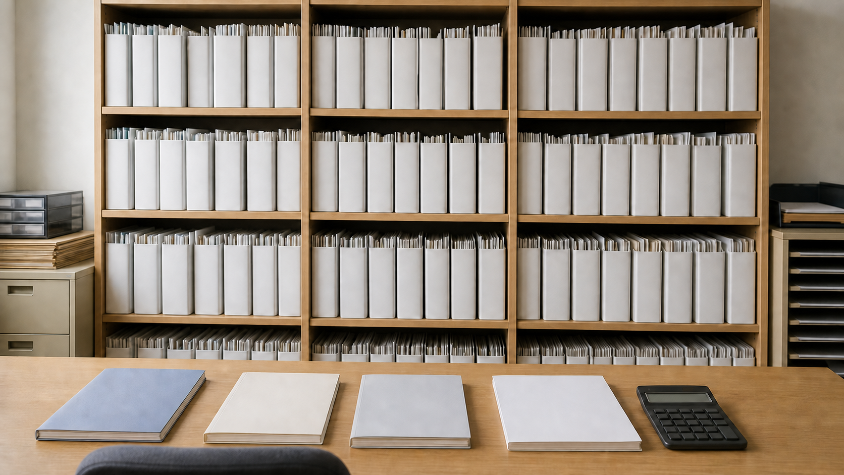 決算変更届（事業年度終了報告）｜年度ごとのファイルが並ぶ書類棚と、決算書・電卓が置かれた机
