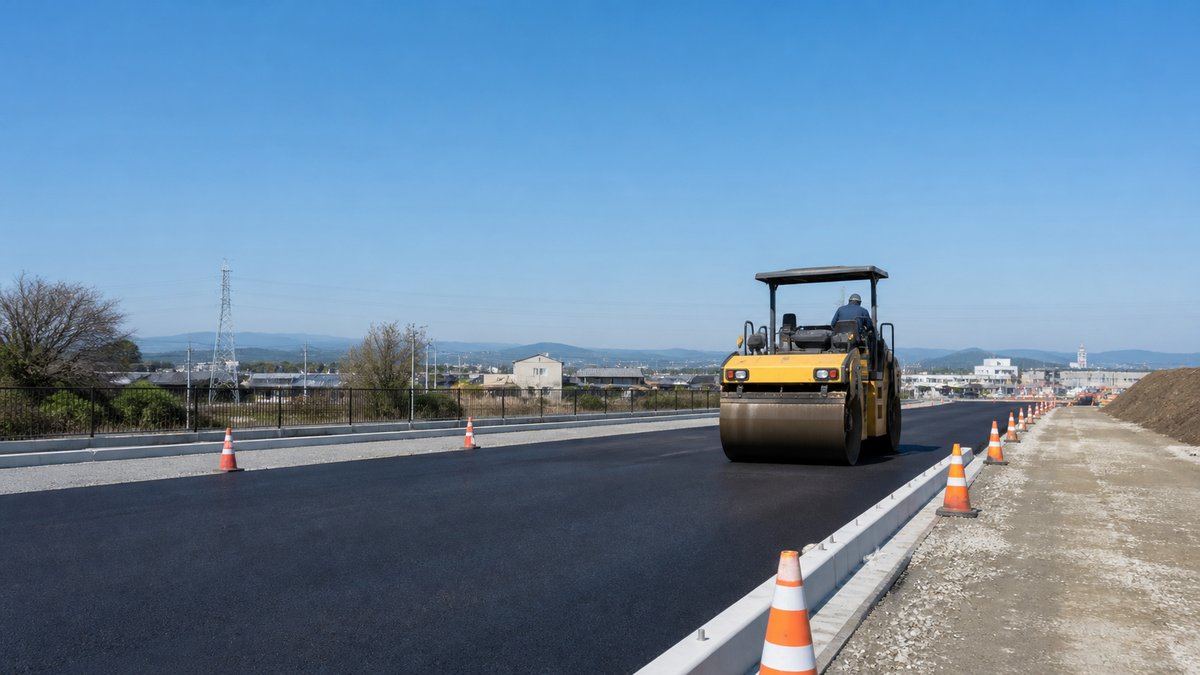 公共工事の受注｜ロードローラーで舗装中の道路とコーンで区切られた作業帯