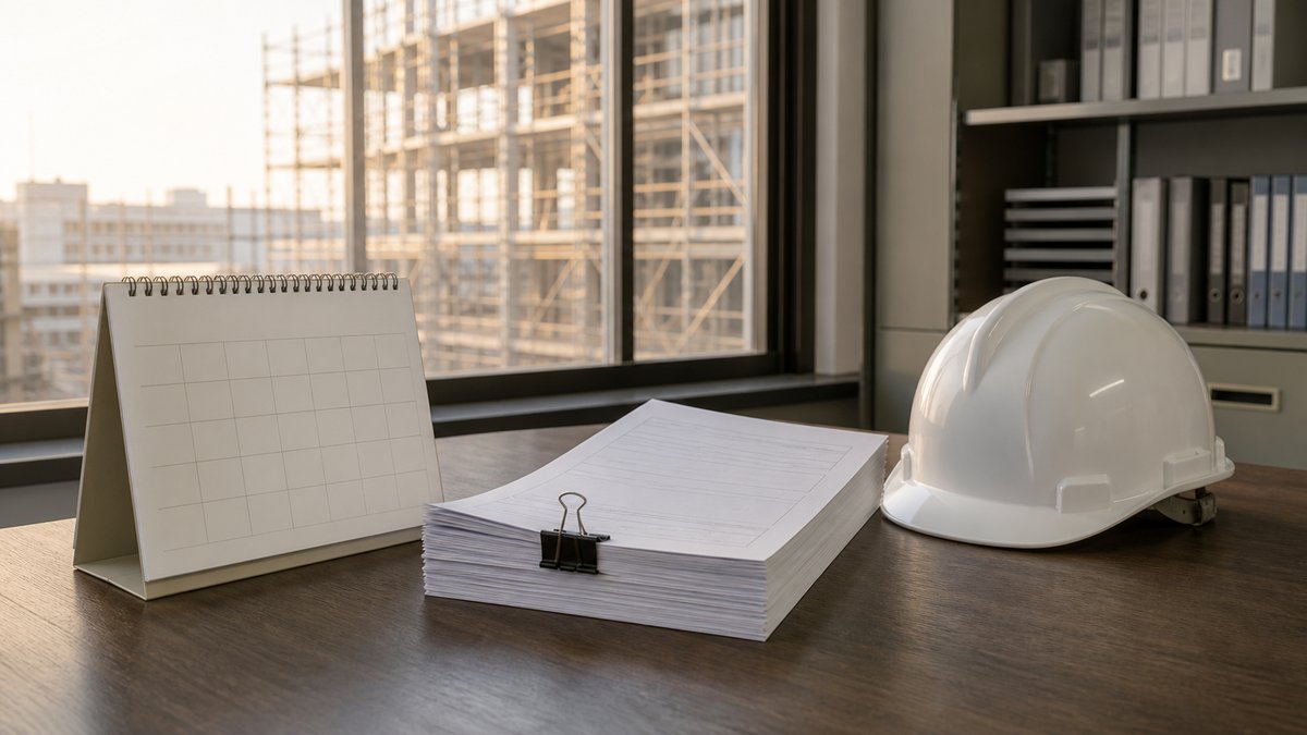 建設業許可の更新でよくある間違い｜卓上カレンダーと申請書類の束、白いヘルメットが置かれた建設会社の事務机