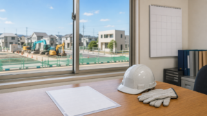 熊本地震による建設業許可・経審の有効期間延長｜復旧が進む街を望む事務机とヘルメット・軍手