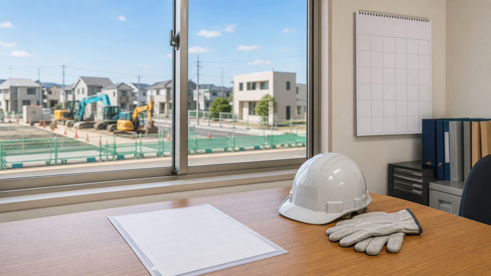 熊本地震による建設業許可・経審の有効期間延長｜復旧が進む街を望む事務机とヘルメット・軍手